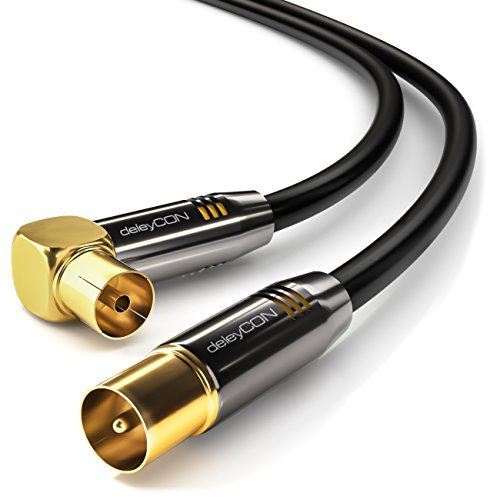 deleyCON 3m Cable de Antena TV HDTV Full HD - 1x en Ángulo Cable Coaxial Enchufe de TV (Recto) para Toma de TV (90° Grados) Tapón de Metal - Negro
