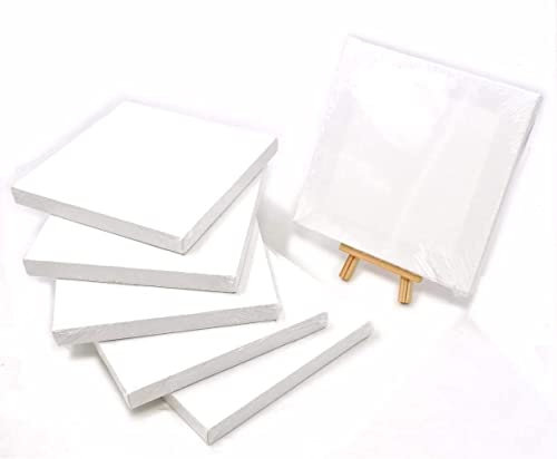 RayLineDo® Set von 6 Stück Mini Künstler, blanko, Leinwand Rahmen 15,2 x 15,2 cm (15 x 15 cm) Öl Wasser Maltafel Flache Canvas mit 1 Mini Holz Display Staffelei