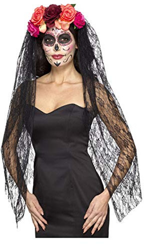 Day of The Dead Haarreif mit Schleier und Rosen für Halloween und Tag der Toten Parties