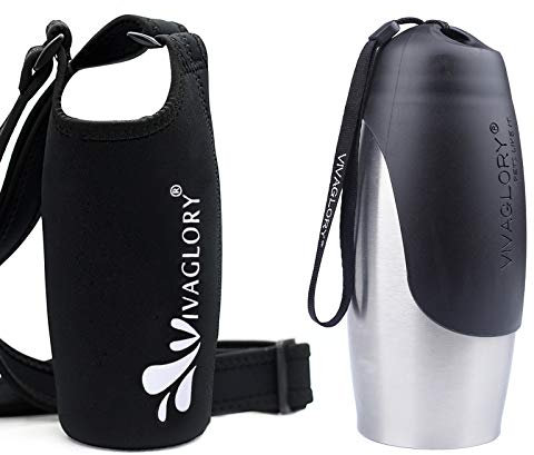 VIVAGLORY Dog Water Bottle & Bottle Holder With Strap Combo for Travel & Walking, Carrier With Adjustable Shoulder Strap, Portable & Stainless Steel for Pet Puppy, 750ml, Black