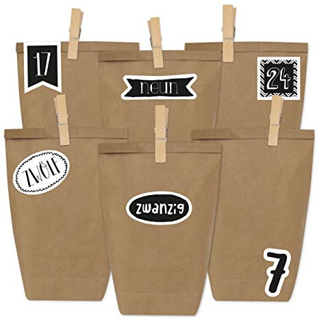 Papierdrachen Adventskalender zum Befüllen - Zahlen zum Aufkleben - mit 24 braunen Papiertüten und tollen Stickern für Kinder - Weihnachten