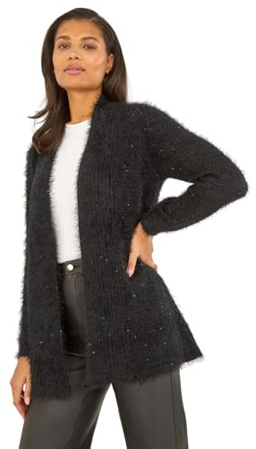 Roman Originals Women Fluffy Cardigan Ladies Winter Cardi Longline Edge to Edge Ombre Coatigan Casual Sparkly Glittery Jacket Knitwear Knitted Autumn Fleecy Cosy Soft Coats - Black - Size 16