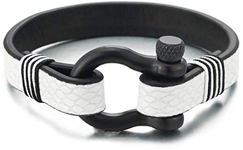 COOLSTEELANDBEYOND Noir Vis Manilles d'ancrage Bracelet - Homme Femme - Blanc Impression Cuir - Nautique Marin Envelopper Bracelet Unique