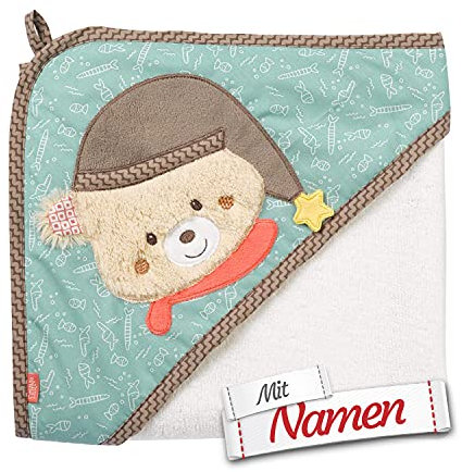 FEHN Bär Kapuzenbadetuch mit Namen Bestickt, Bruno, Kapuzenhandtuch für Baby & Kinder, Badetuch Badehandtuch Bär Bade-Poncho Kinder-Badetuch mit Kapuze, 80x80 cm