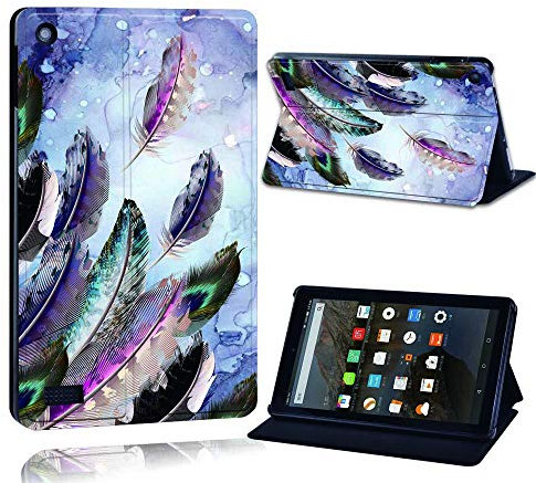 FINDING CASE Fit Amazon Fire 7 (9th Gen 2019) alexa Leather Cover - PU Flip Leather Smart Lightweight Shell Stand Cover Case for Amazon Fire 7 (9th Gen 2019) alexa (purple feather)