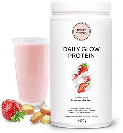 pretty woman® Daily Glow Eiweiss Protein Pulver für Frauen „Strawberry Rhubarb“ 420 g/Low Carb Shake mit Vitaminen & Mineralien, Biotin & Folsäure - nur 0,5g Zucker pro Portion