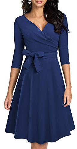 HOMEYEE Damen Retro 50s V-Ausschnitt mit Schärpe Swing Cocktail Party Kleid A240 (M, Dunkelblau)