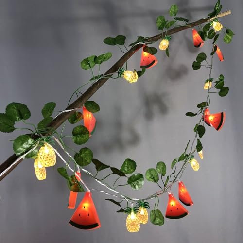 Wassermelone Ananas Lichterketten, Outdoor Schnur Wassermelone Ananas Lichter Sommer Patio Party Grüne Blätter Hängende Nachtlichter Hawaiianische Themenlichter (Watermelon Ananas mit Blatt, USB)