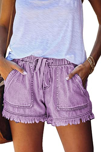 HVEPUO Short d'été, large, pour femmes, en coton et lin, avec ceinture élastique, a-violet, XL
