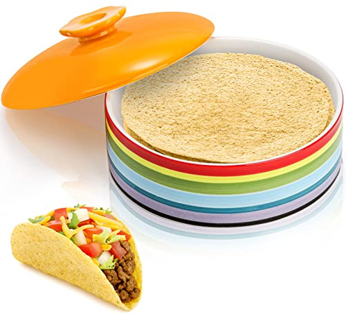 Lyellfe Ceramic Tortilla Warmer, 8.5 Inch Colorful Tortilla Server Keeper Container with Lid, Hold up to 12 Tortillas, Great for Taco Tuesday Night, Mexican Party, Microwave and Oven Safe
