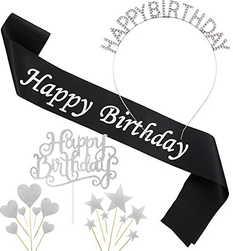 Allazone Silber Glitzer Geburtstag Tiara Krone Schärpe und Happy Birthday Cake Topper für Party Dekorationen, Mädchen aller Altersgruppen