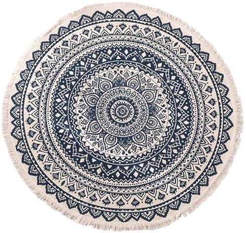 IHONYI Mandala Teppich Rund Baumwolle Teppiche mit Quasten rutschfest Abwaschbar Teppiche Handgewebte schicke böhmische Bedruckte Muster-Baumwollteppich 120CM für Wohnzimmer Schlafzimmer Kinderzimmer