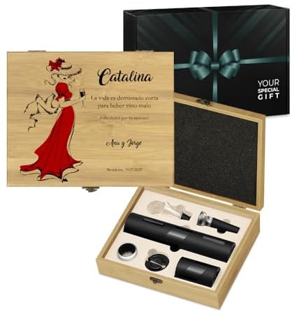 Maverton 6-teiliges Weinzubehör Set mit Aufdruck, elektrischer Korkenzieher | Automatischer Flaschenöffner, Wine Accessories, Weinöffner Set für Frauen, Weinset in Bambusbox, Dame