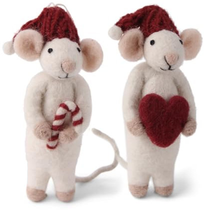 Gry & SIF Mäuse aus Filz | handgemachte Weihnachts-Anhänger, Weihnachts-deko, Winter-deko, Filz-Figuren, zum Aufhängen oder Hinstellen, Fairtrade I Weiß 15 cm, Herz und Zuckerstange