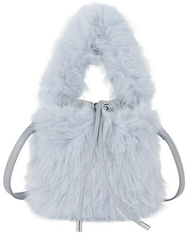 MEGAUK Damen Herbst Winter Beuteltasche Bucket Bag Kunstpelz Handtasche Flauschig Umhängetasche Plüsch Schultertasche mit Kordelzug für Mädchen (Blau)