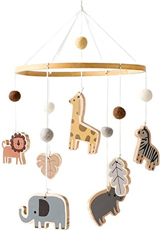 EXQULEG Baby Mobile Baby Windspiele, Babybett Mobile Holz mit Filzbällen Giraffe Löwe Tiere, Hängende Bettglocke Neugeborene Geschenk für Baby Mädchen Jungen (A)