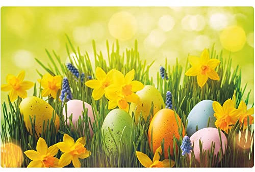 matches21 Frühlingshaftes Tischset Platzset Motiv abwaschbar Ostereier Osterglocken Blumenwiese bunt 1 STK 43,5x28,5 cm