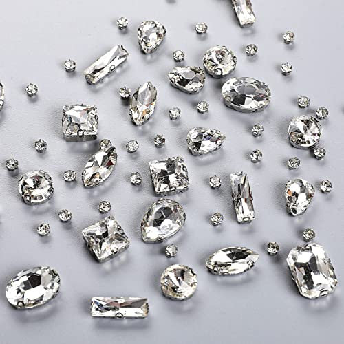 240 Pieces Large Sew on Rhinestones Clear Glass Crystal Gems for Crafts Mix Shapes Metal Flatback Claw Rhinestones Gems for Jewelry Crafts Clothes Shoes Costume