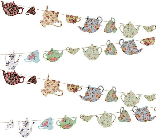 EASY JOY Tea Party Bunting Banner Decorations Tea Cup Vintage Banner Garland for Girls Party Birthday Day Baby Shower Wedding Alice in Wonderland Decor
