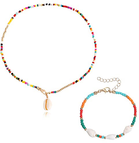 IUDWCG 2 Pcs Bohemian Muschel Halsketten und Armbänder, Damen Perlenketten bunte Perlenketten Sommer Strand geschichtet ethnischen Halsketten Schmuck für Frauen und Mädchen