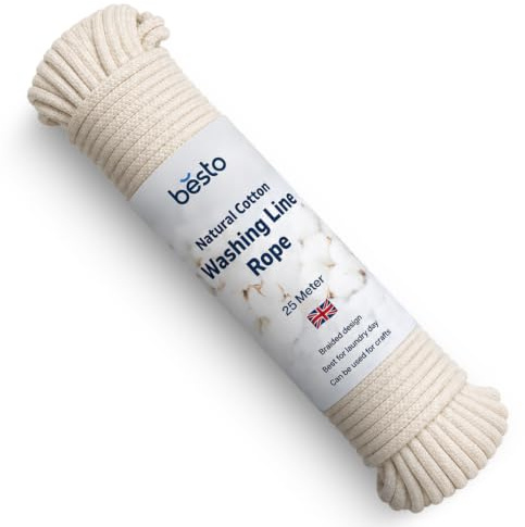 Besto Cotton Washing Line Rope, Rotary Clothes Line, Multipurpose Soft Braided Cotton Rope for, Garden, Indoor/outdoor|4mm (25M)
