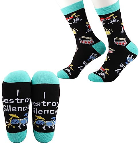 CMNIM Drum Socks Drum Lover Gifts 2 Pairs Drummer Socks Funny Percussion Drums Gifts Drum Music Gifts I Destroy Silence Socks, Drum Socken, 10-10.5