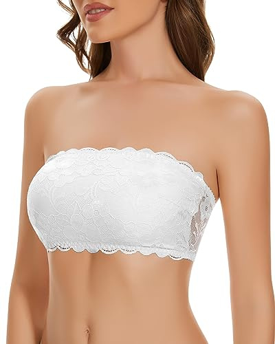 WOWENY Reggiseno Senza Spalline Reggiseno Bandeau Top Invisibile Pizzo Reggiseno Fascia Imbottito con Bretelle Trasparent