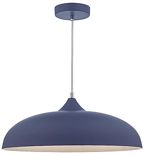 Matt Blue Metal Vintage Shallow Curved Dome Pendant Ceiling Light | 45cm Diameter | Braided White Cable | Chrome Accent | 1 x ES E27 Lamp Bulb Required | 240 Volts | Bedroom - Lounge - Kitchen
