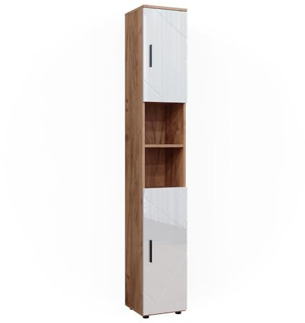 Vicco Badschrank Irma, Eiche/Weiß Hochglanz, 30 x 192 cm mit Türen, und offenen Fächern