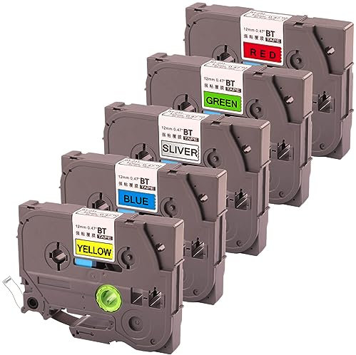 DYINGYI 5-PACK Mehrfarbig Kompatibel für Brother Etikettenband 12mm 0.47inch, Ersatz für P Touch Tze-231 Etikettendruckerband Schwarz auf Blau/Grün/Gelb/Silber/Rot