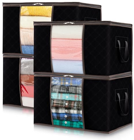 Lifewit 50L Clothes Storage Boxes, Storage Bags Moving Boxes Wardrobe Storage Organiser with Reinforced Handle Sturdy Fabric Clear Window for Clothing Bedding Sweater T-Shirt, 4 Pack, Black