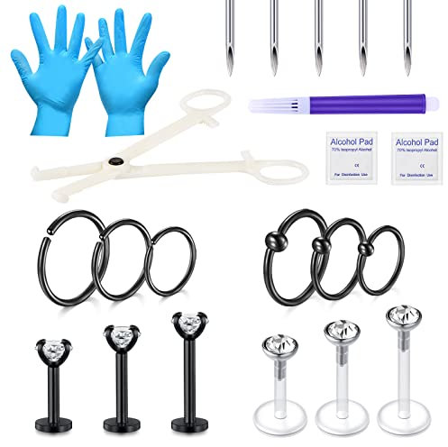 NIUSIMAN 22teiliges Ohrlöcher Set, 14G Piercing Nadeln Piercing Zangen mit 16G Knorpel Ohrring CZ Labret Ring Tragus Helix Ohrring Stud Barbell Piercing Schmuck Schwarzes Ohr Lippen PiercingS et