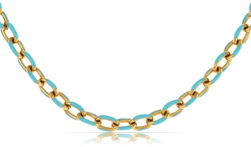 Made by Nami Elegante Edelstahl Halskette Damen in Gold und Türkis als Statement Schmuck 40 cm lang mt 5 cm Verstellkette(Türkis)