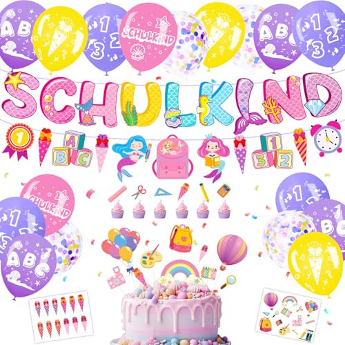 Elidepe Einschulung Mädchen Set - Meerjungfrau Schulanfang Deko, Tortendeko, SCHULKIND Banner, Zuckertüte Girlande, Latex Luftballons, Papierstücke
