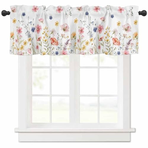 ARTSHOWING Sommer-Küchenvorhang, Volant, Wohnzimmer, Volant für Fenster, Frühling, Aquarell, Blumen, Blätter, Volant, Vorhänge, kurze Stangentasche, Fenstervolant für Schlafzimmer, 106,7 x 30,5 cm