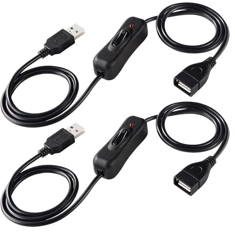 KUOQIY 2 Pezzi 1m Cavo di Prolunga USB con Interruttore ON/OFF e Indicatore luminoso, Interruttore Accensione USB, Interruttore cavo Commutazione USB, per LED Scrivania Lampada LED Striscia, Nero