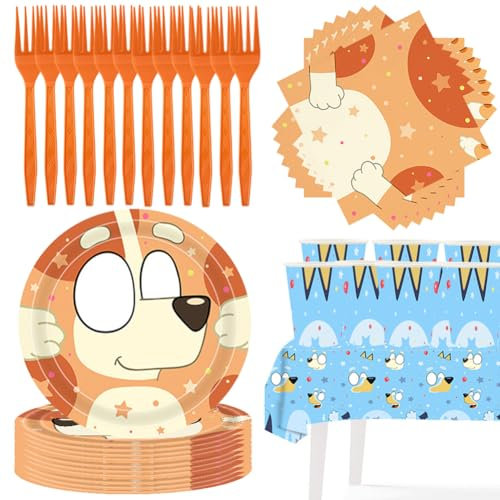 97PCS blu-ey Party Tableware Set, Cartoon Dog Themed Tableware, Cartoon Dog Birthday Tableware, Blue Party Supplies for Kids include Table Cloth ,Plates, and Napkins - 24 Guests