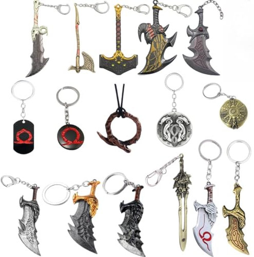 junweideyi GOW Keychain Kratos Leviathan Axe Keychain Blades of Chaos Keychain Gifts for Men Teens Game Fan (16 Pcs)