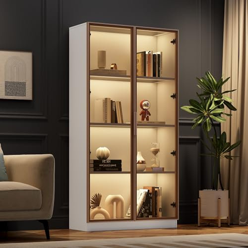 Idemon Vitrina de Cristal Blanco Con Iluminación Ambiental de 16 Colores, Dos Puertas y Estantes Móviles, 80 x 40 x 160 cm, Armario Alto Para Salón