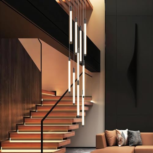 LYSDjia Moderner großer Treppen Kronleuchter höhenverstellbare LED Pendelleuchte aus schwarzem Eisen kreative hohe Decke schicke Beleuchtung geeignet für dekorative Hängelampen in der Hotelvilla Bar L