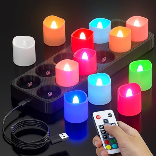 Ymenow Candele ricaricabili senza fiamma tremolanti con telecomando e timer, 12 pezzi candele finte elettriche a LED RGB che cambiano colore, decorazioni natalizie e di Halloween