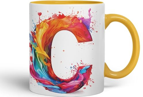 Vixar Letter C Mug, Alphabet Letter C Monogram Watercolour Ceramic Coloured Mug Cup for Tea Coffee Hot Brew 330ml 11Oz Gift (G Yellow)