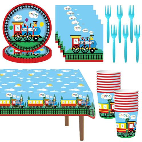 Train Party Tableware FRYAMCF 69 PCS Train Party Decorations Tableware Train Theme Birthday Tableware Set Includes Plates, Cups, Napkins, Tablecloth for Birthday Party Serves 16 Guests