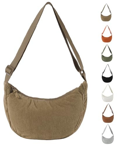 GoPaw Damen Cord Crossbody Bag, Halbmond Tasche Cord Umhängetasche, Damen Halbmond Tasche Schultertasche Mit Schultergurt Einstellbar Lässige Umhängetasche aus Kord für jeden Anlass (Khaki)