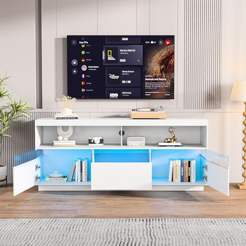 Mueble de TV con LED, mesa de TV moderna para televisores de hasta 65 pulgadas, TV LED moderno salón media mueble, mueble de TV 150 cm de longitud (blanco, 150 cm)