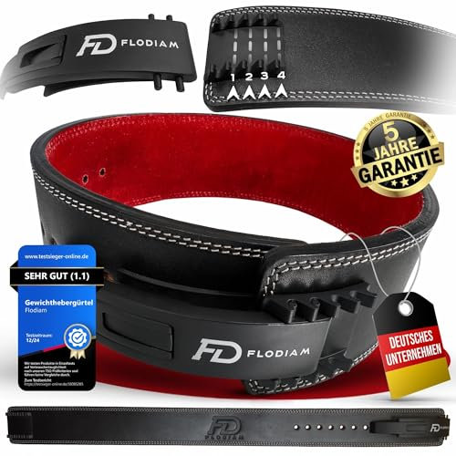 Flodiam Profi Gewichthebergürtel Full Power Design Herren & Damen [Schnellverstell] Hebelverschluss Gym Lifting Belt Fitness Gürtel Büffelleder Weightlifting Powerlifting 8,5cm hoch Schwarz/Rot, XL