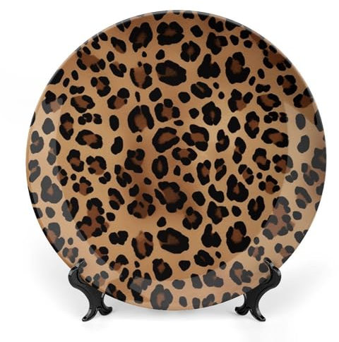 VFKLT Keramikteller mit Leopardenmuster, Essteller, Knochenporzellan, dekorative Teller mit Präsentationsständer, Kunstkeramikornamente für Wandbehang, Dekoration, 25,4 cm