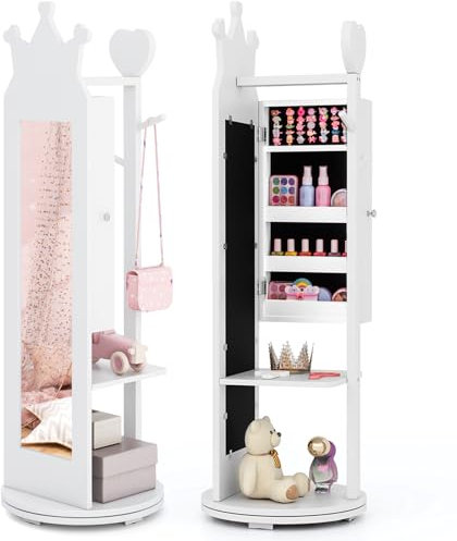 DREAMADE 360° Drehbarer Kinderspiegel, Schmuckschrank aus Holz, 3-in-1 Freistehender Standspiegel Mit Schmuckschrank, Kleiderständer & Ablage für Kinder Ab 3 für Kinderzimmer (Weiß)