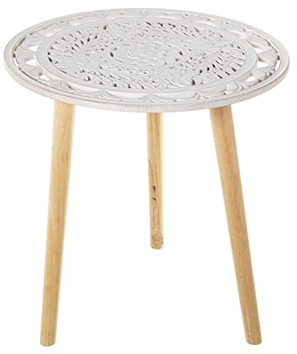 MESA AUXILIAR MADERA CALADA BLANCA, PATAS NATURAL °60X62CM