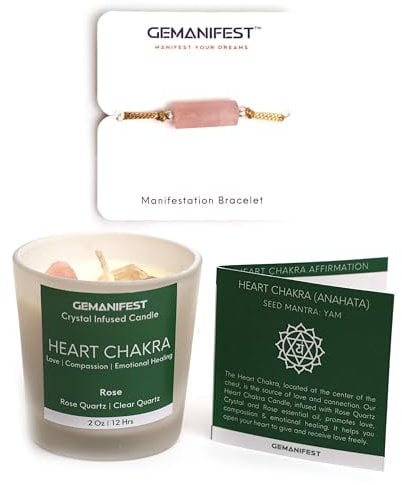 Gemanifest Heart Chakra Candle with Healing Crystals and Rose Quartz Bracelet Rose Scented Crystal Candle for Love Compassion and Emotional Healing Self Care Gifts for Women Meditation Gifts